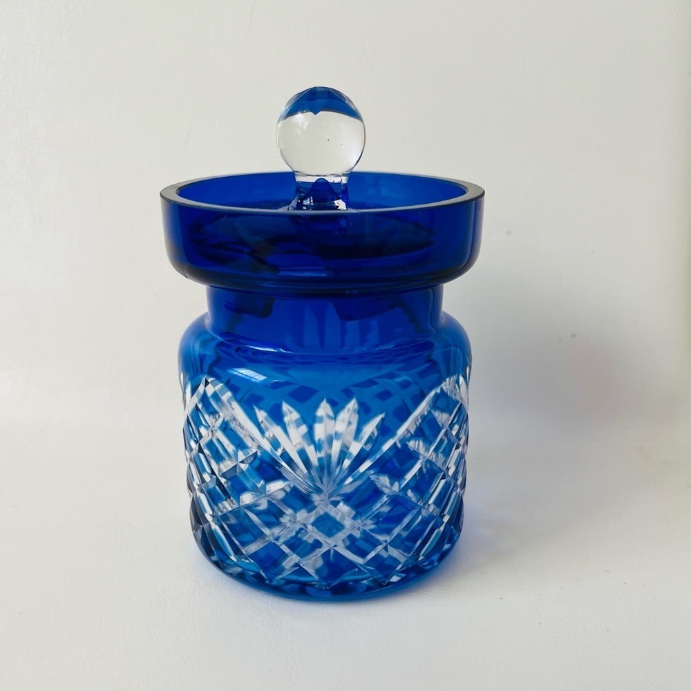 Cobalt Blue Cut To Clear Crystal Biscuit Jar